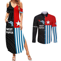 Personalised West Papua Couples Matching Summer Maxi Dress and Long Sleeve Button Shirt Polynesian Pattern With Coat Of Arms LT05 Blue - Polynesian Pride
