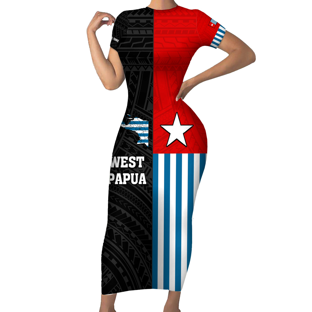 Personalised West Papua Family Matching Short Sleeve Bodycon Dress and Hawaiian Shirt Polynesian Pattern With Coat Of Arms LT05 Mom's Dress Blue - Polynesian Pride