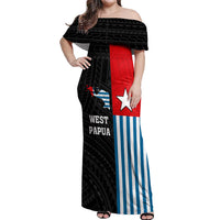 Personalised West Papua Off Shoulder Maxi Dress Polynesian Pattern With Coat Of Arms LT05 Women Blue - Polynesian Pride