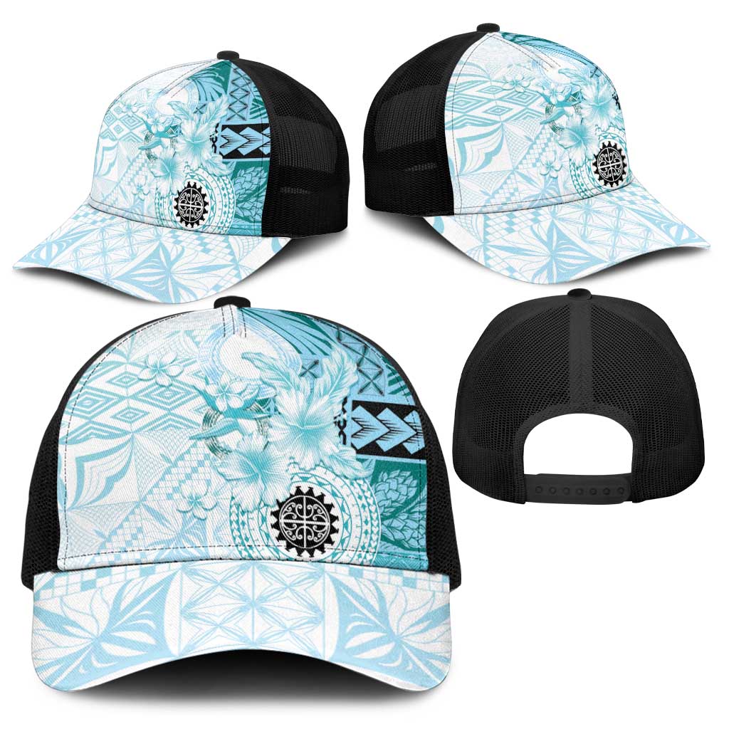 Samoa Siapo Pattern With Teal Hibiscus Baseball Net Cap - Polynesian Pride