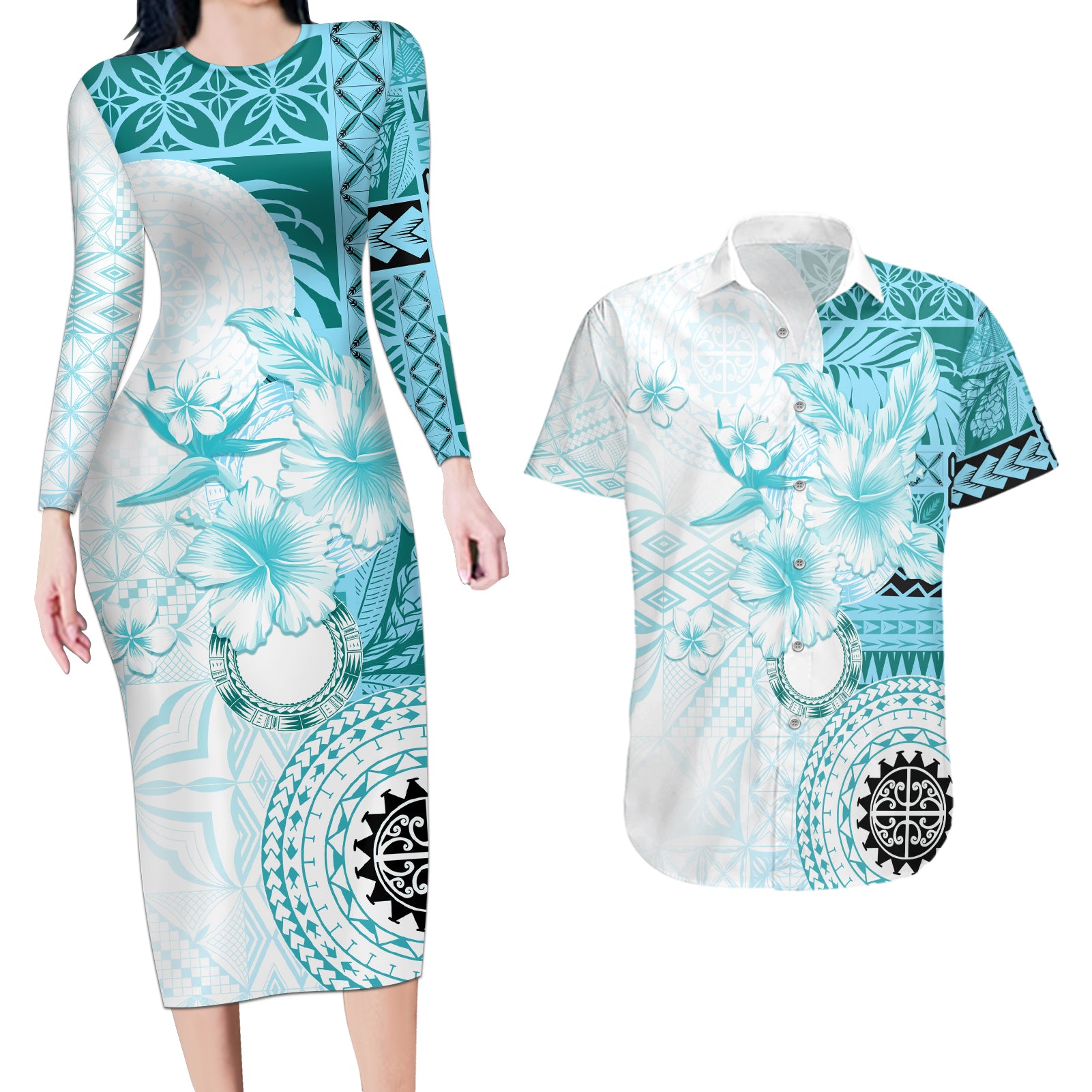 Samoa Siapo Pattern With Teal Hibiscus Couples Matching Long Sleeve Bodycon Dress and Hawaiian Shirt LT05 Teal - Polynesian Pride