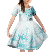 Samoa Siapo Pattern With Teal Hibiscus Family Matching Long Sleeve Bodycon Dress and Hawaiian Shirt LT05 Daughter's Dress Teal - Polynesian Pride