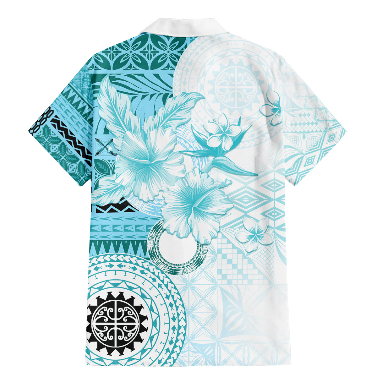 Samoa Siapo Pattern With Teal Hibiscus Family Matching Mermaid Dress and Hawaiian Shirt LT05 - Polynesian Pride