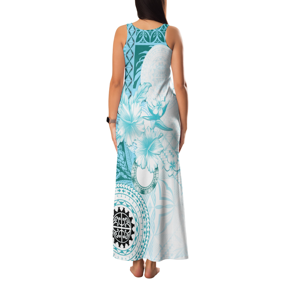 Samoa Siapo Pattern With Teal Hibiscus Family Matching Tank Maxi Dress and Hawaiian Shirt LT05 - Polynesian Pride