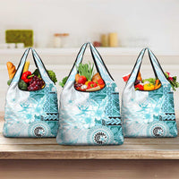 Samoa Siapo Pattern With Teal Hibiscus Grocery Bag