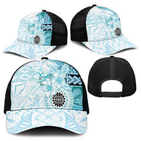 Samoa Siapo Pattern With Teal Hibiscus Mesh Trucker Cap - Polynesian Pride