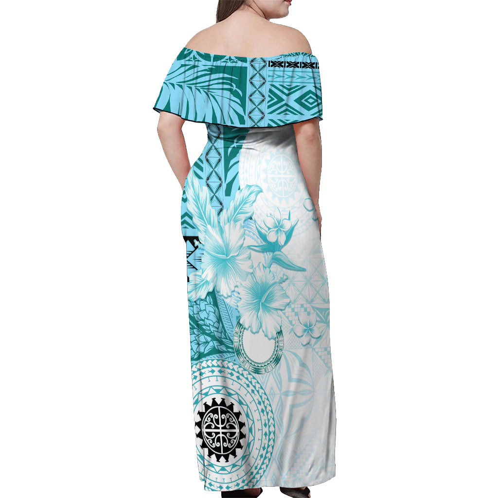 Samoa Siapo Pattern With Teal Hibiscus Off Shoulder Maxi Dress LT05 - Polynesian Pride