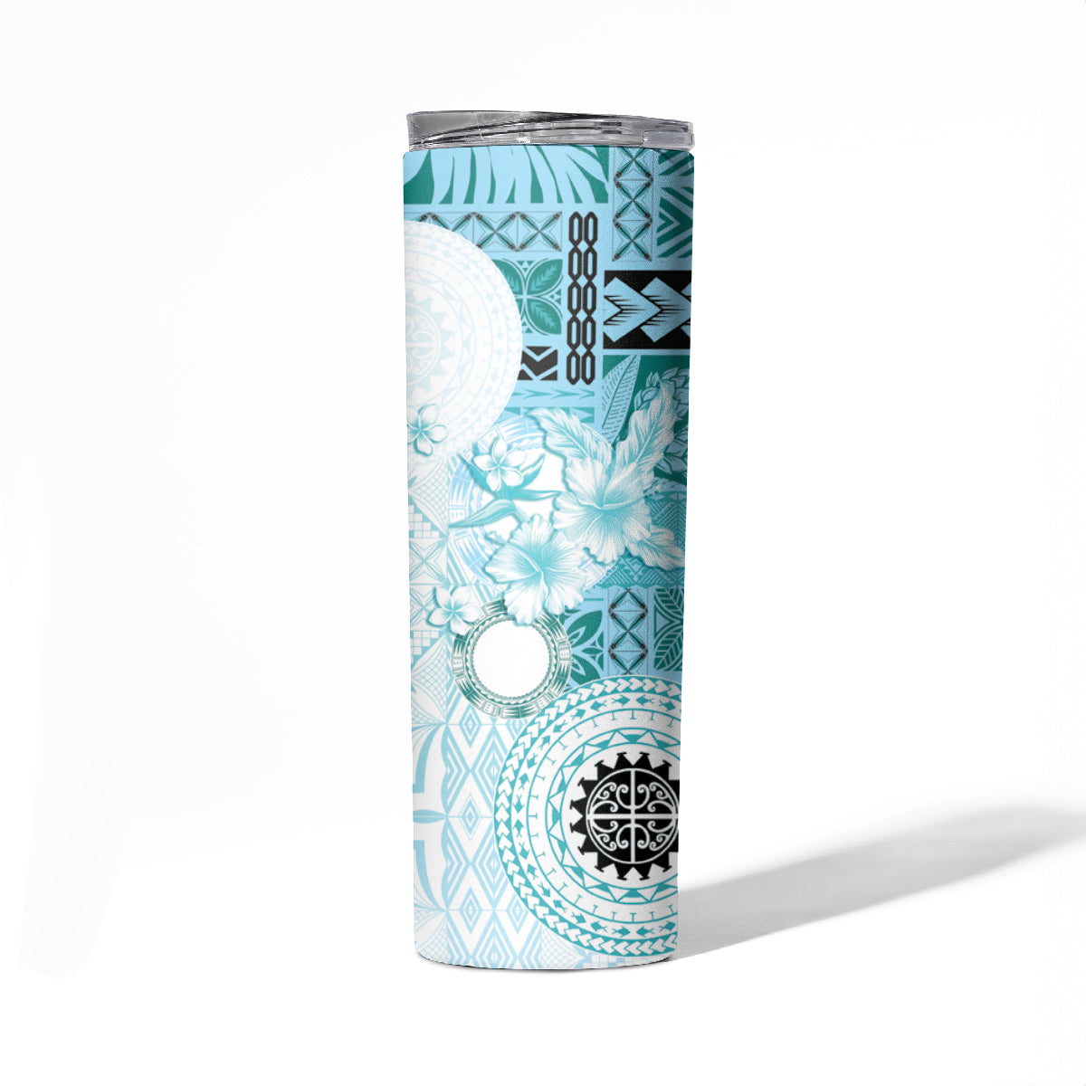 Samoa Siapo Pattern With Teal Hibiscus Skinny Tumbler