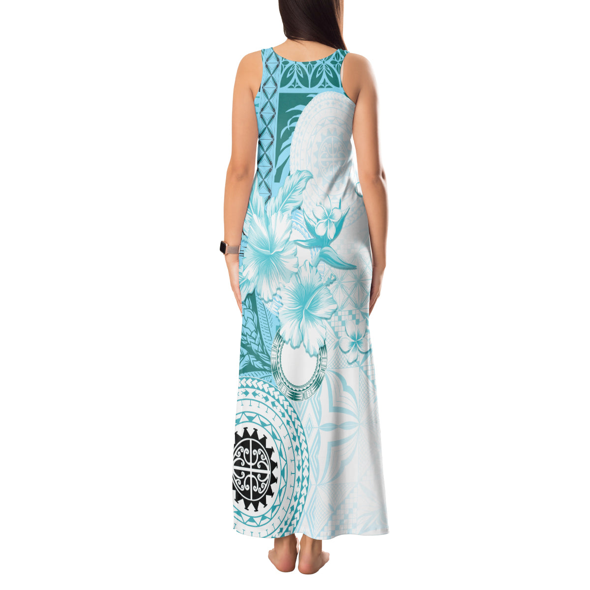 Samoa Siapo Pattern With Teal Hibiscus Tank Maxi Dress LT05 - Polynesian Pride