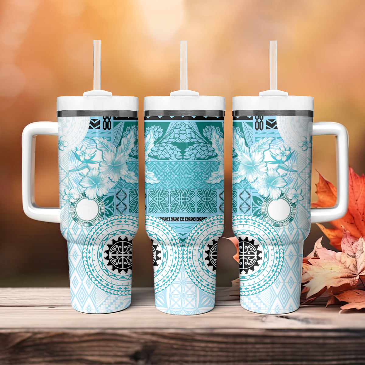 Samoa Siapo Pattern With Teal Hibiscus Tumbler With Handle