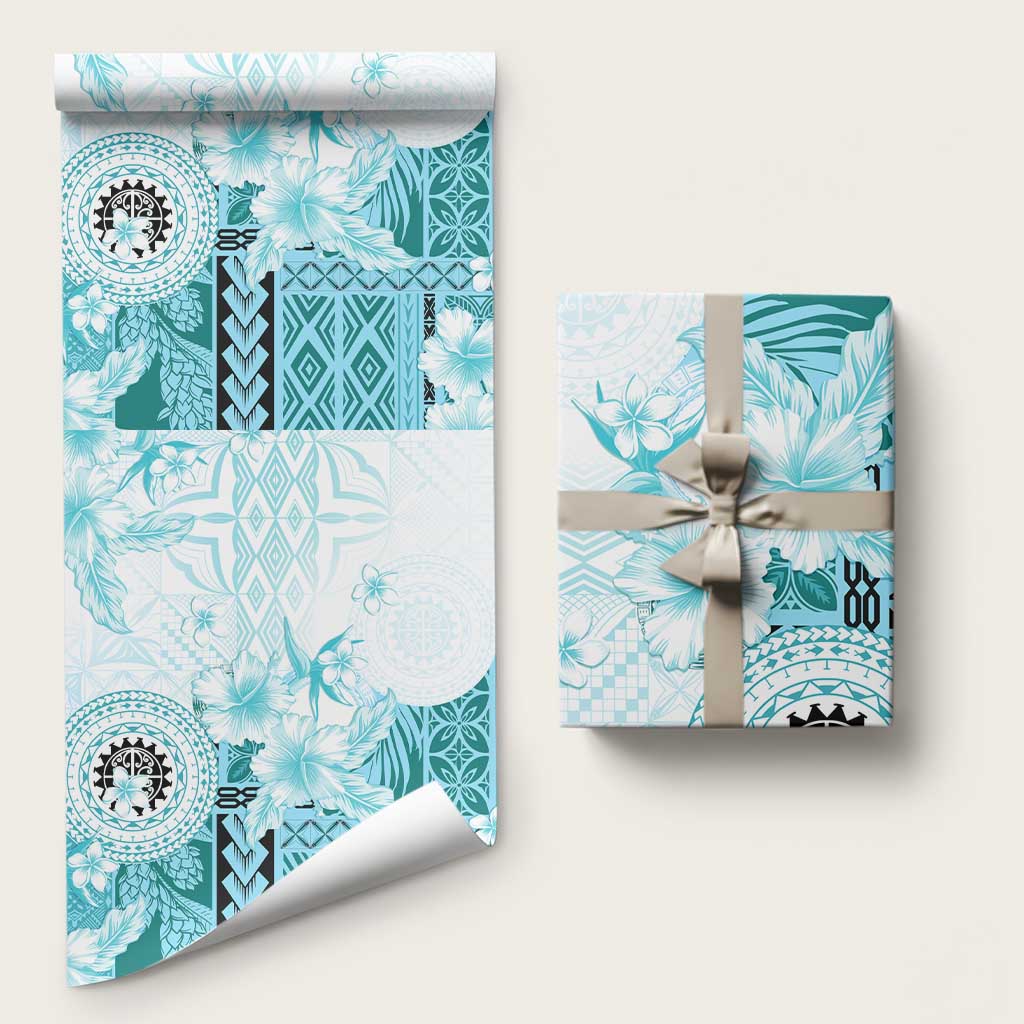 Samoa Siapo Pattern With Teal Hibiscus Wrapping Paper - Polynesian Pride