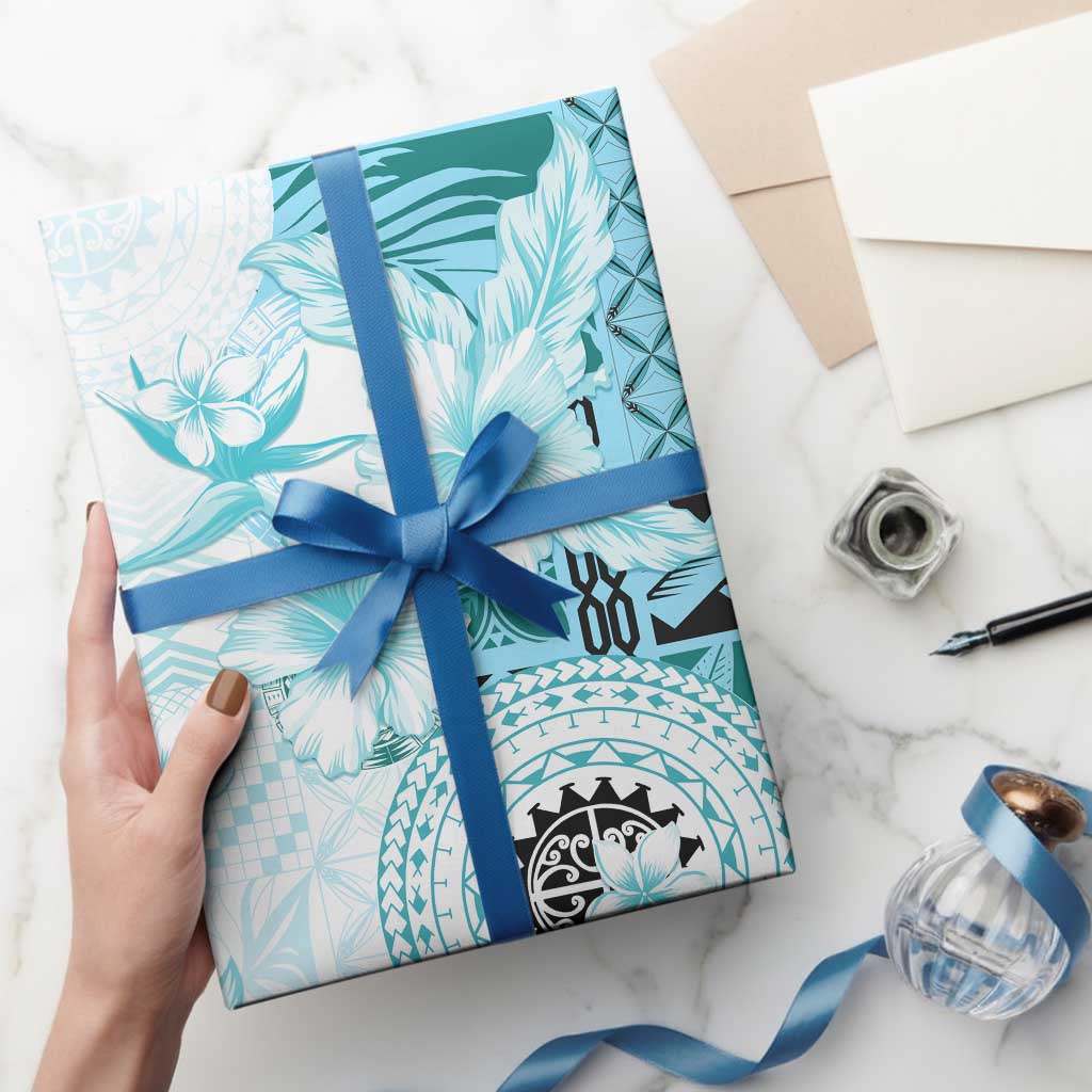 Samoa Siapo Pattern With Teal Hibiscus Wrapping Paper - Polynesian Pride