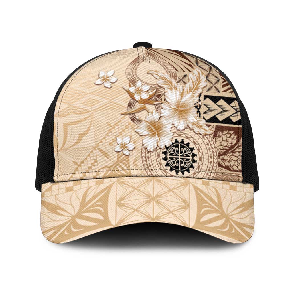 Samoa Siapo Pattern With Beige Hibiscus Baseball Net Cap - Polynesian Pride