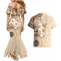 Samoa Siapo Pattern With Beige Hibiscus Couples Matching Mermaid Dress and Hawaiian Shirt LT05 - Polynesian Pride