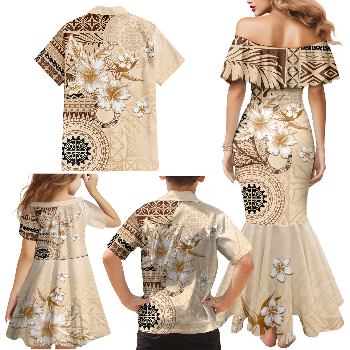 Samoa Siapo Pattern With Beige Hibiscus Family Matching Mermaid Dress and Hawaiian Shirt LT05 - Polynesian Pride