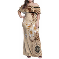 Samoa Siapo Pattern With Beige Hibiscus Family Matching Off Shoulder Maxi Dress and Hawaiian Shirt LT05 Mom's Dress Beige - Polynesian Pride
