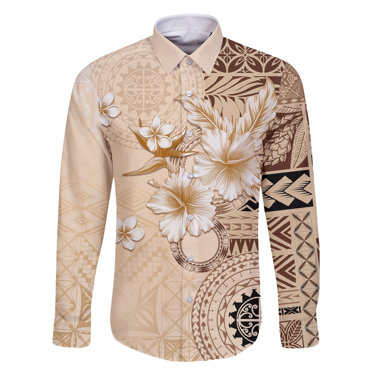 Samoa Siapo Pattern With Beige Hibiscus Family Matching Puletasi and Hawaiian Shirt LT05 Dad's Shirt - Long Sleeve Beige - Polynesian Pride