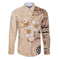 Samoa Siapo Pattern With Beige Hibiscus Family Matching Tank Maxi Dress and Hawaiian Shirt LT05 Dad's Shirt - Long Sleeve Beige - Polynesian Pride