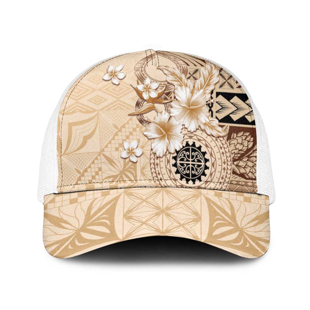 Samoa Siapo Pattern With Beige Hibiscus Mesh Trucker Cap - Polynesian Pride