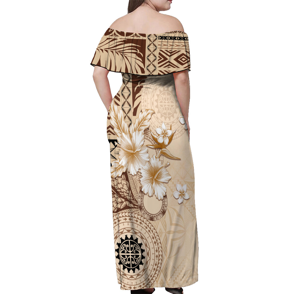 Samoa Siapo Pattern With Beige Hibiscus Off Shoulder Maxi Dress LT05 - Polynesian Pride