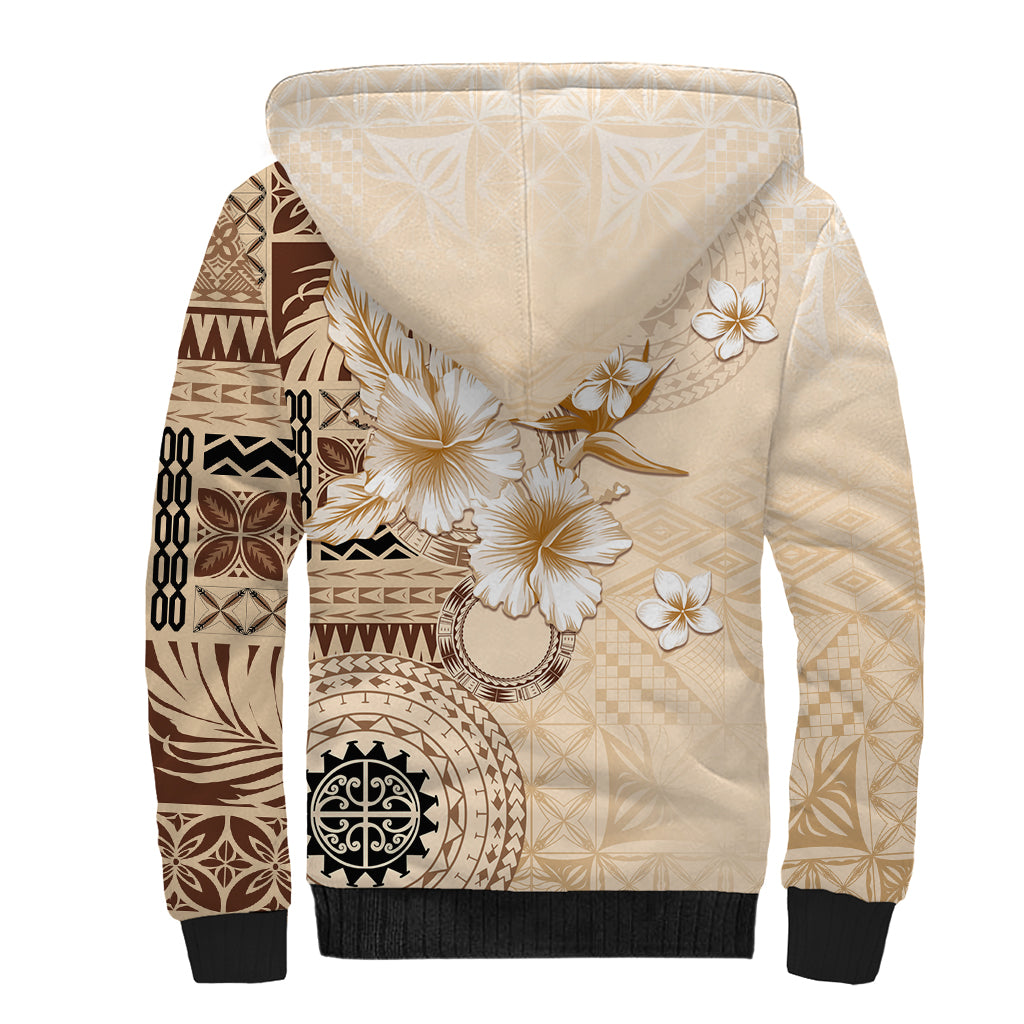 Samoa Siapo Pattern With Beige Hibiscus Sherpa Hoodie LT05 - Polynesian Pride
