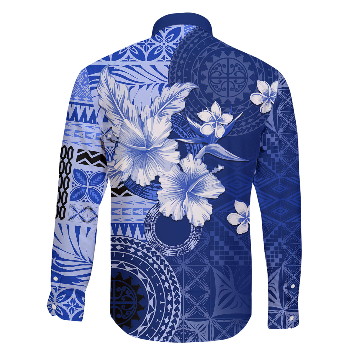 Samoa Siapo Pattern With Navy Hibiscus Family Matching Off Shoulder Long Sleeve Dress and Hawaiian Shirt LT05 - Polynesian Pride