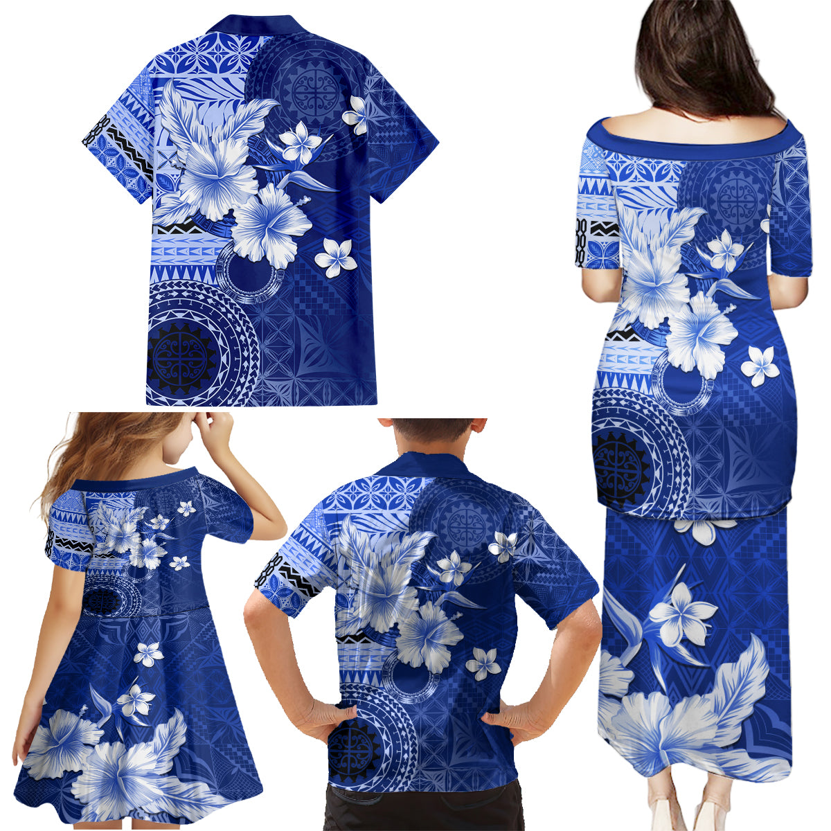 Samoa Siapo Pattern With Navy Hibiscus Family Matching Puletasi and Hawaiian Shirt LT05 - Polynesian Pride