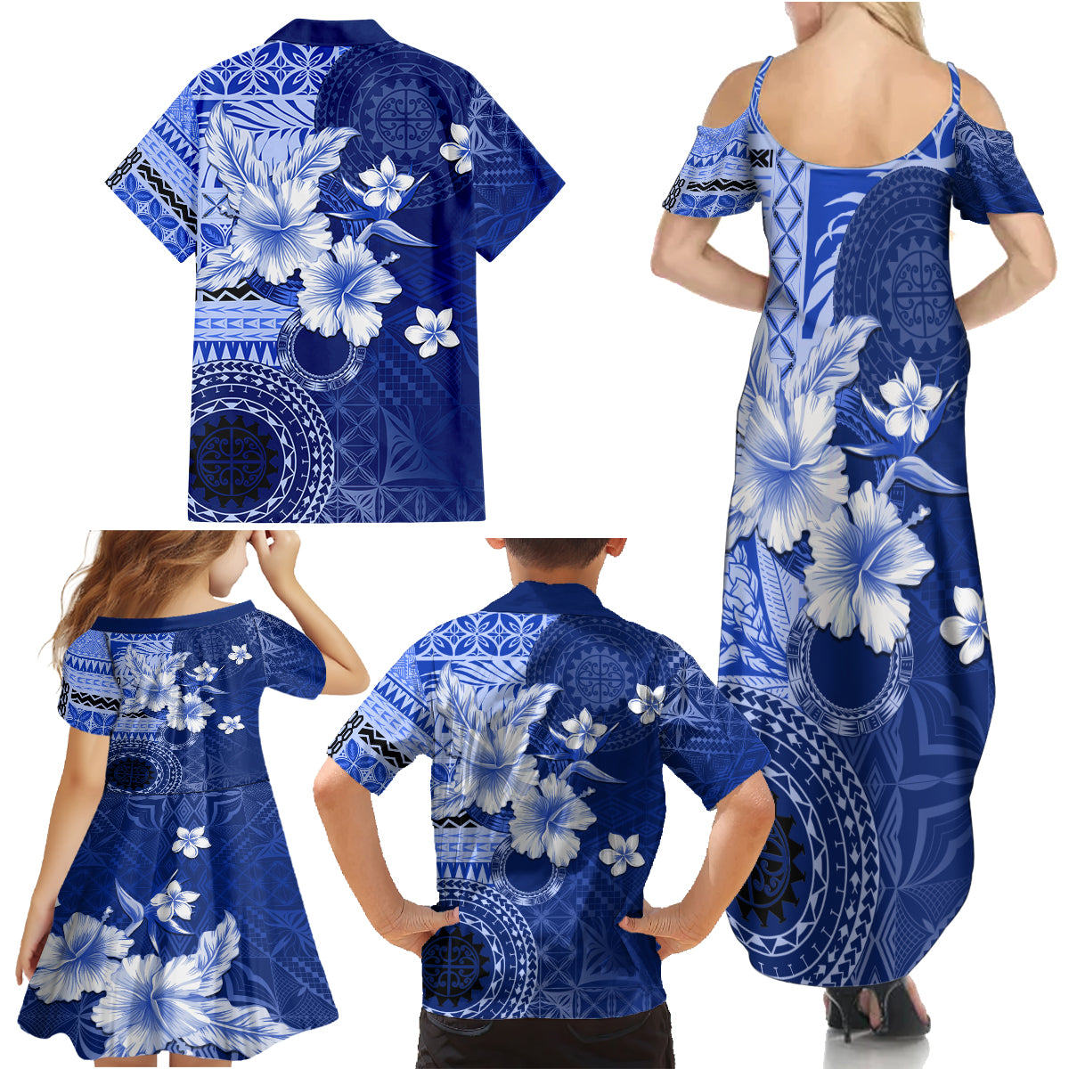 Samoa Siapo Pattern With Navy Hibiscus Family Matching Summer Maxi Dress and Hawaiian Shirt LT05 - Polynesian Pride
