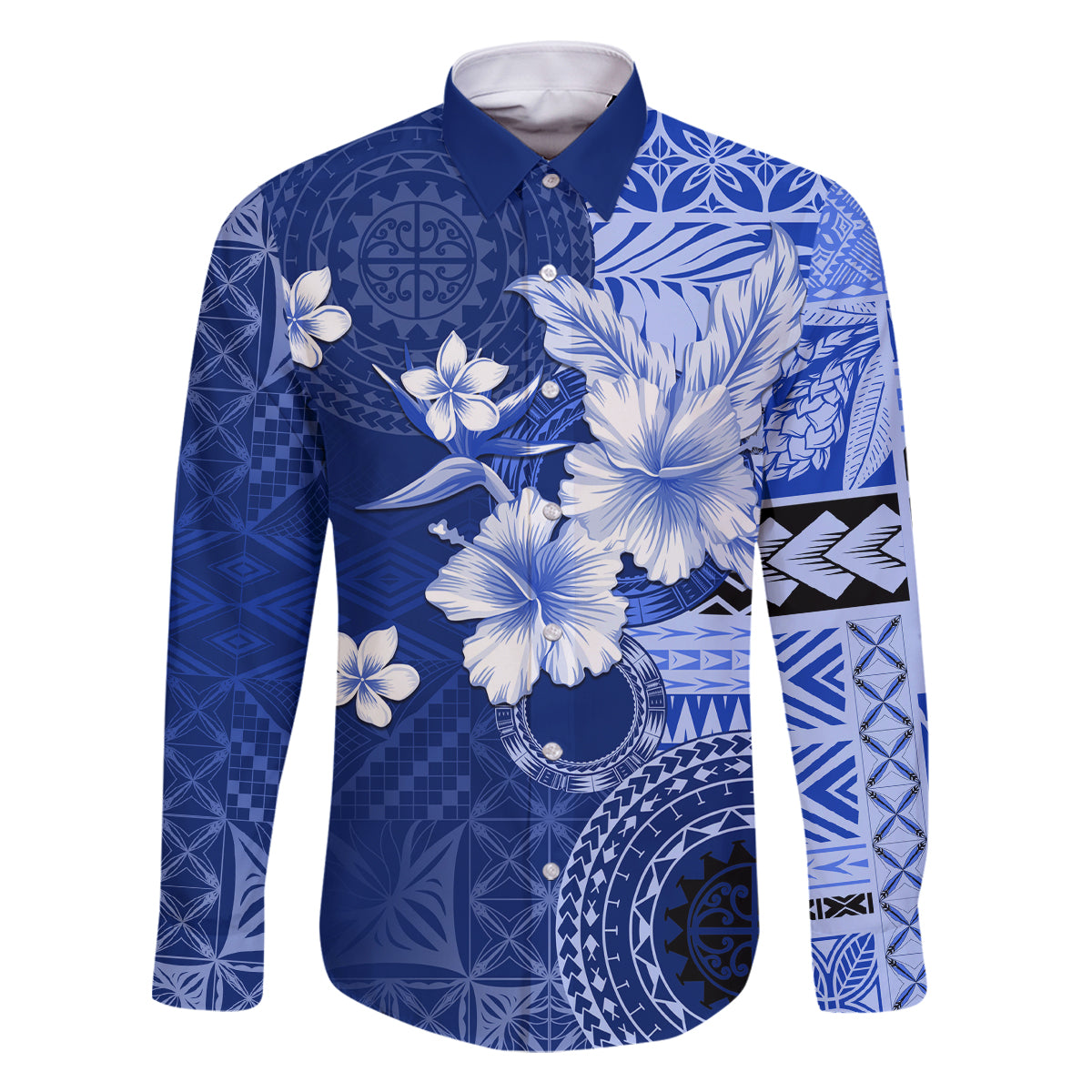 Samoa Siapo Pattern With Navy Hibiscus Family Matching Tank Maxi Dress and Hawaiian Shirt LT05 Dad's Shirt - Long Sleeve Navy - Polynesian Pride