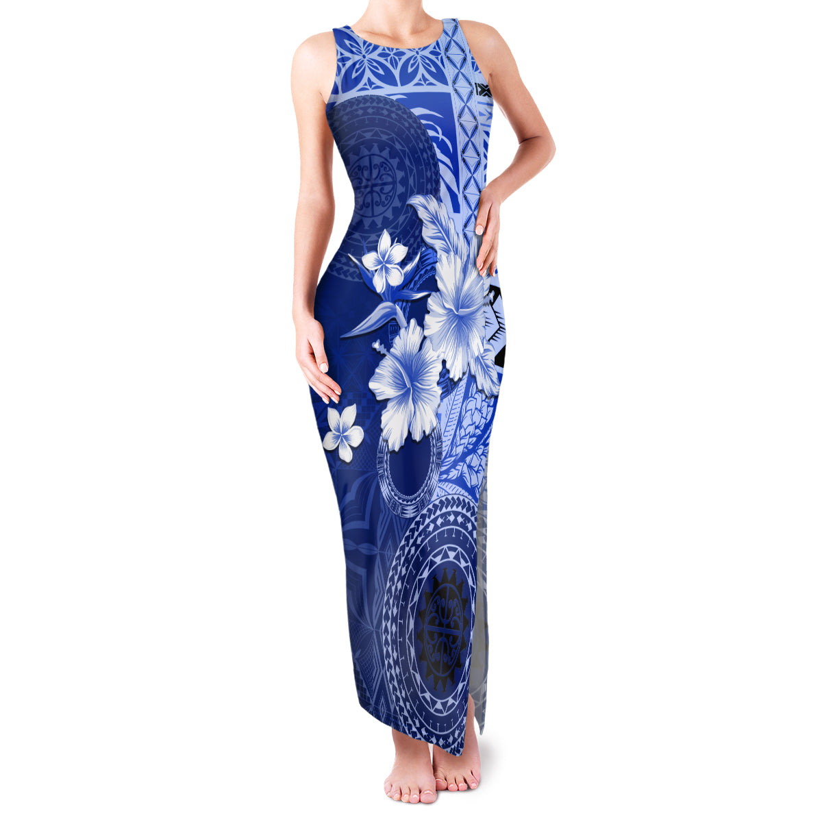 Samoa Siapo Pattern With Navy Hibiscus Family Matching Tank Maxi Dress and Hawaiian Shirt LT05 Mom's Dress Navy - Polynesian Pride