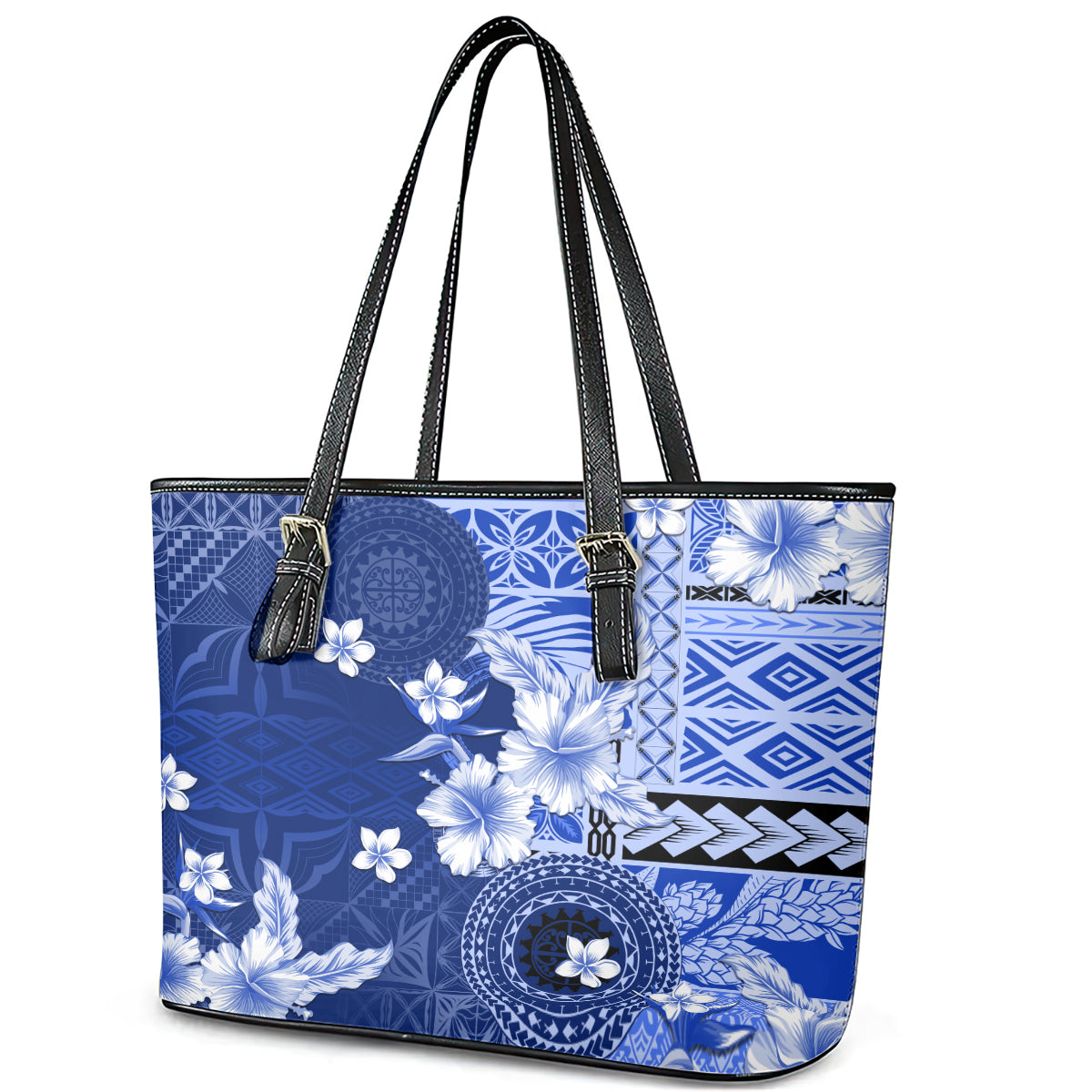Samoa Siapo Pattern With Navy Hibiscus Leather Tote Bag