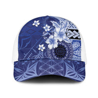 Samoa Siapo Pattern With Navy Hibiscus Mesh Trucker Cap - Polynesian Pride
