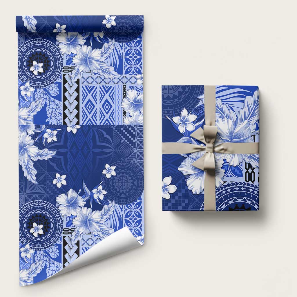 Samoa Siapo Pattern With Navy Hibiscus Wrapping Paper - Polynesian Pride