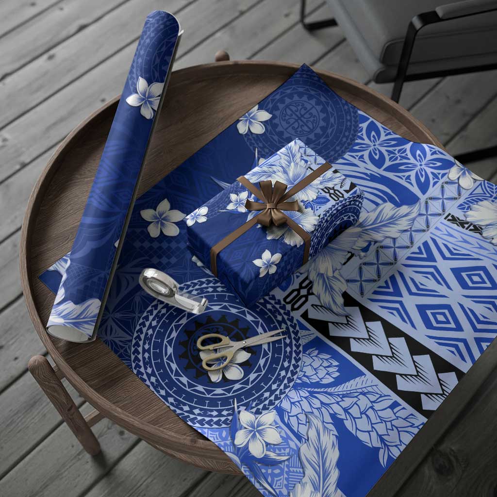 Samoa Siapo Pattern With Navy Hibiscus Wrapping Paper - Polynesian Pride