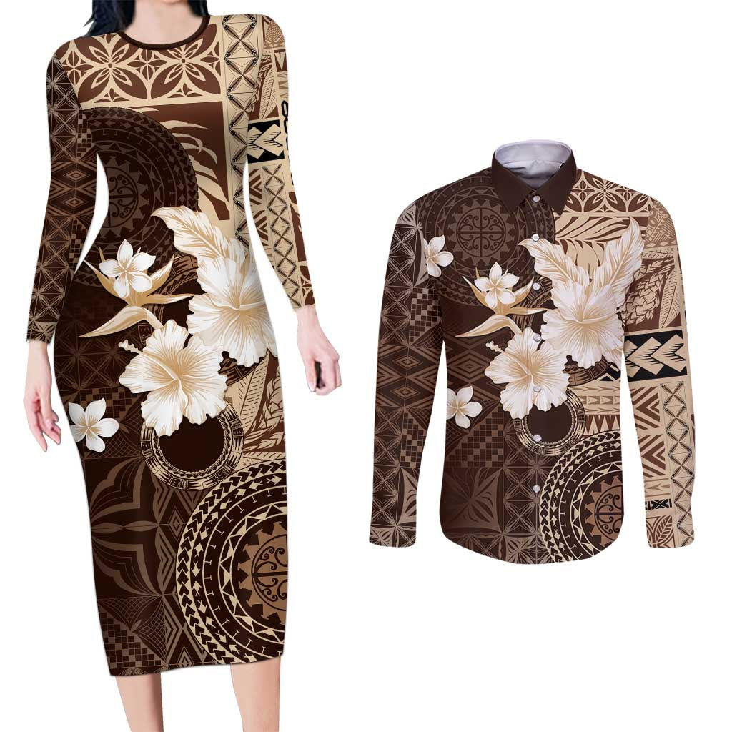 Samoa Siapo Pattern With Brown Hibiscus Couples Matching Long Sleeve Bodycon Dress and Long Sleeve Button Shirt LT05