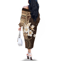 Samoa Siapo Pattern With Brown Hibiscus Family Matching Off Shoulder Long Sleeve Dress and Hawaiian Shirt LT05 - Polynesian Pride