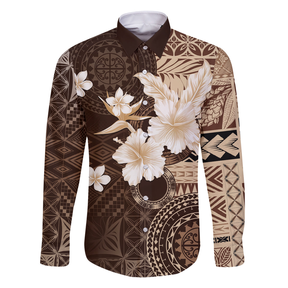 Samoa Siapo Pattern With Brown Hibiscus Family Matching Tank Maxi Dress and Hawaiian Shirt LT05 Dad's Shirt - Long Sleeve Brown - Polynesian Pride