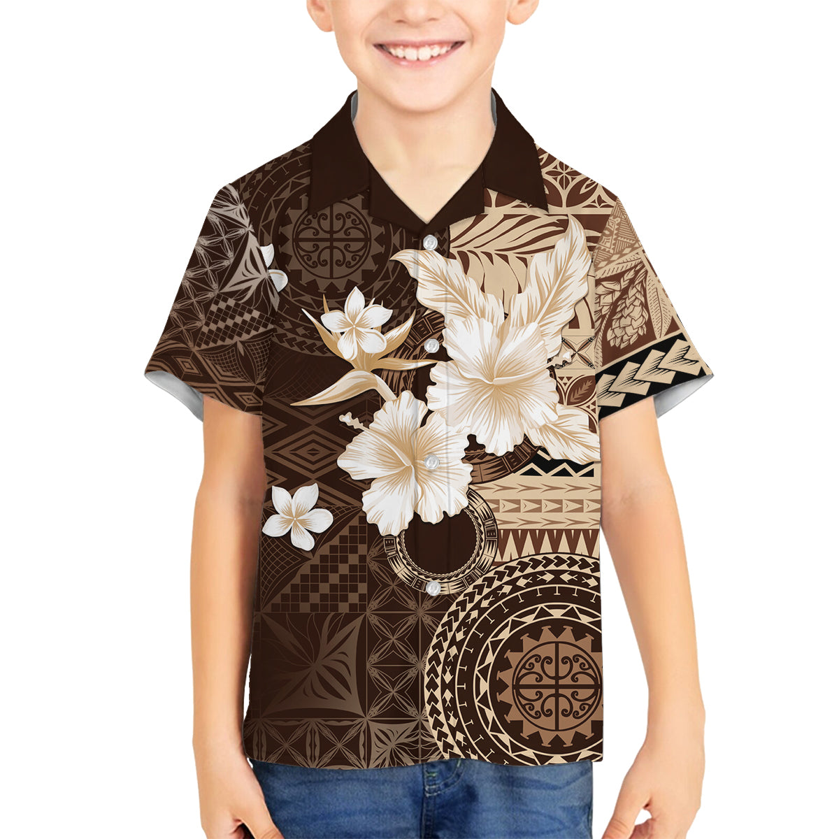 Samoa Siapo Pattern With Brown Hibiscus Family Matching Tank Maxi Dress and Hawaiian Shirt LT05 Son's Shirt Brown - Polynesian Pride