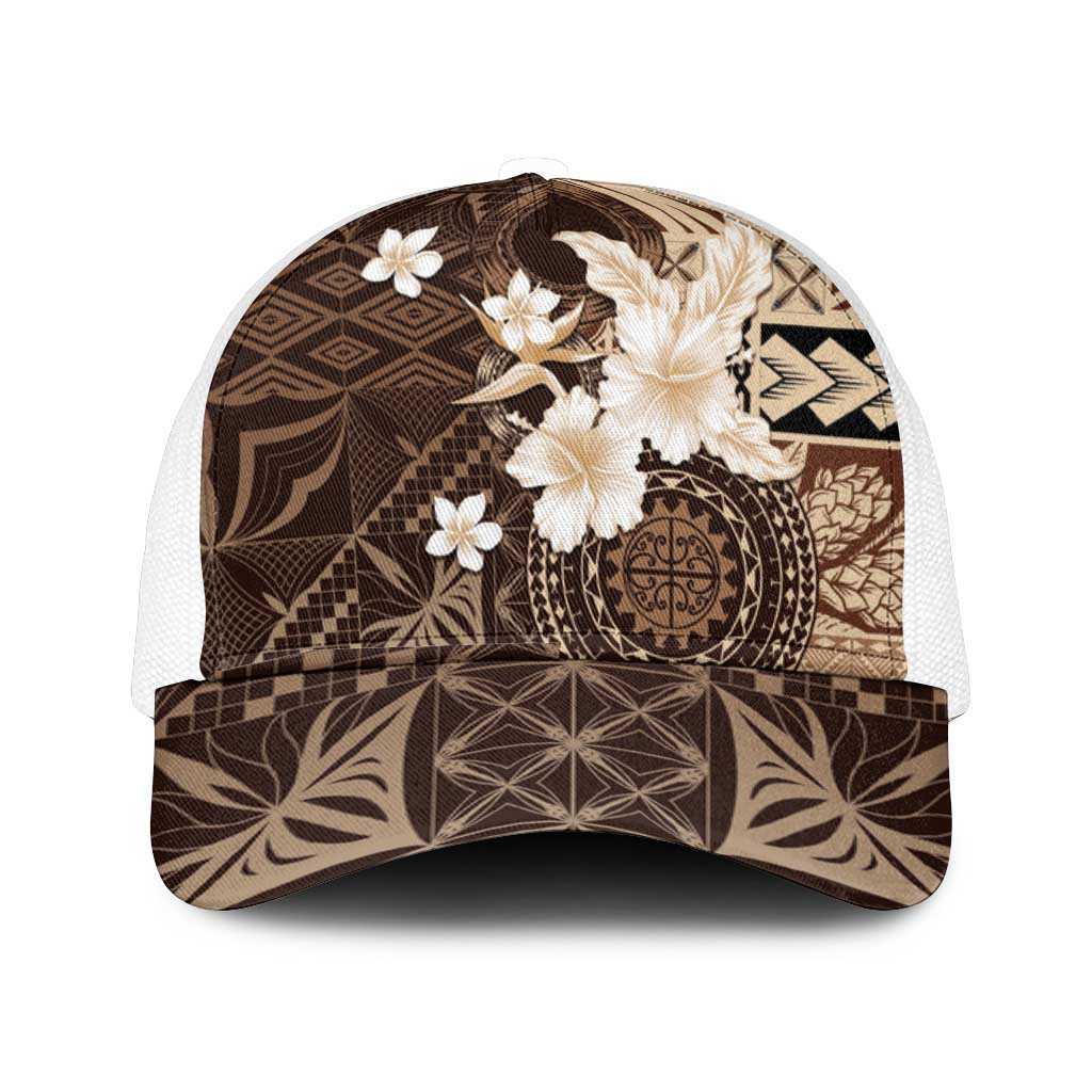 Samoa Siapo Pattern With Brown Hibiscus Mesh Trucker Cap - Polynesian Pride