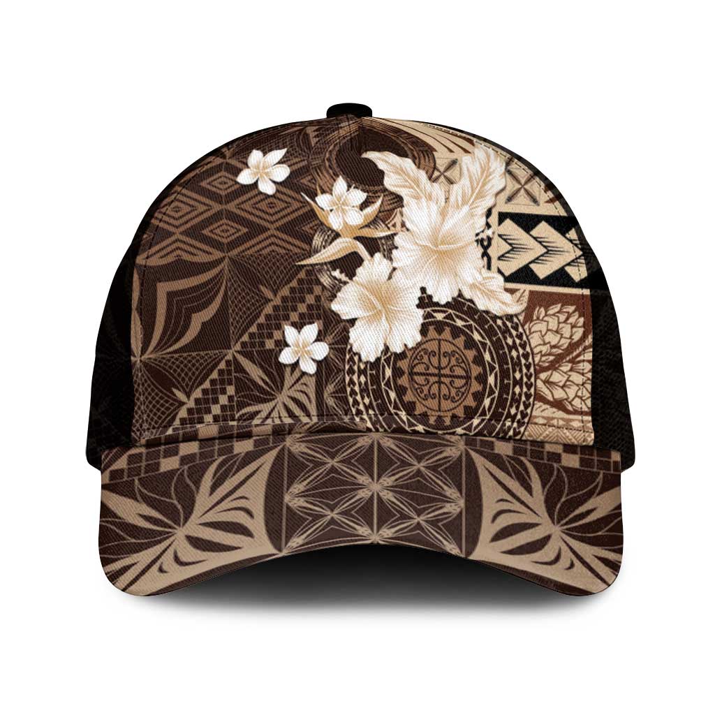 Samoa Siapo Pattern With Brown Hibiscus Mesh Trucker Cap - Polynesian Pride
