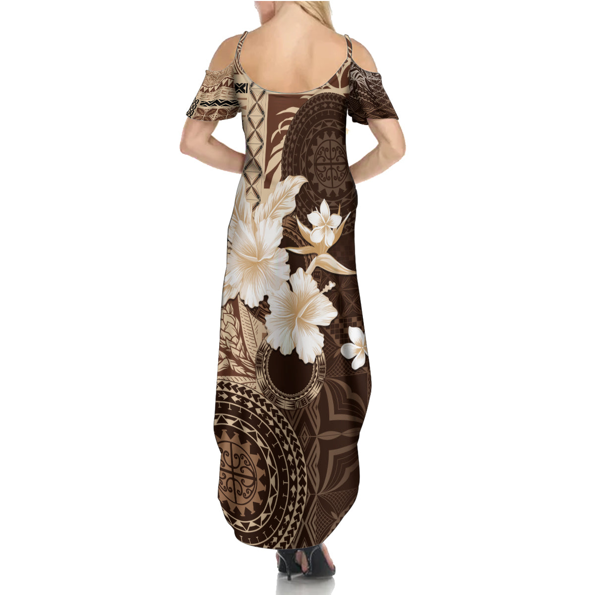 Samoa Siapo Pattern With Brown Hibiscus Summer Maxi Dress LT05 - Polynesian Pride