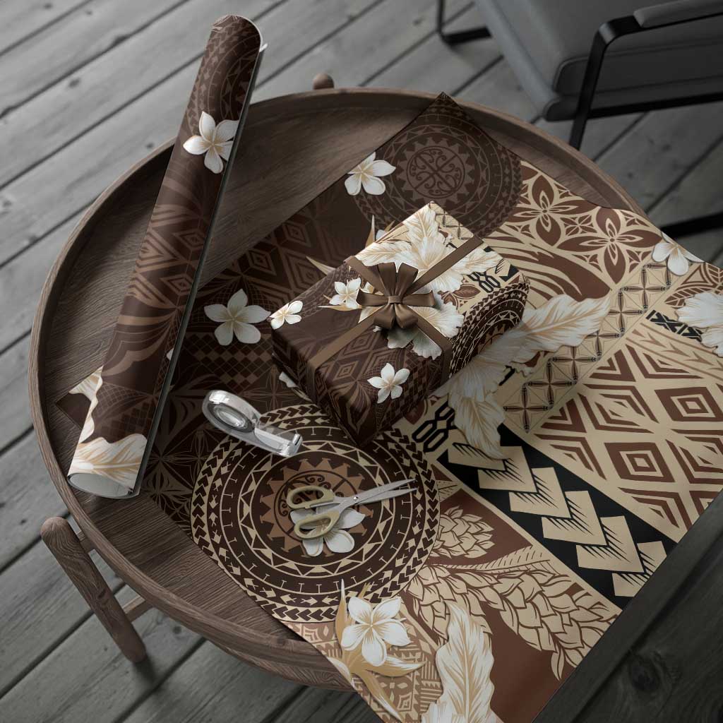 Samoa Siapo Pattern With Brown Hibiscus Wrapping Paper - Polynesian Pride
