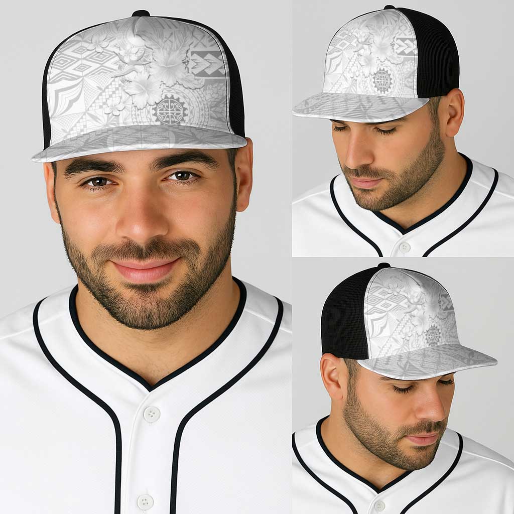 Samoa Siapo Pattern With White Hibiscus Baseball Net Cap - Polynesian Pride