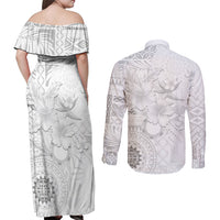 Samoa Siapo Pattern With White Hibiscus Couples Matching Off Shoulder Maxi Dress and Long Sleeve Button Shirt LT05 - Polynesian Pride