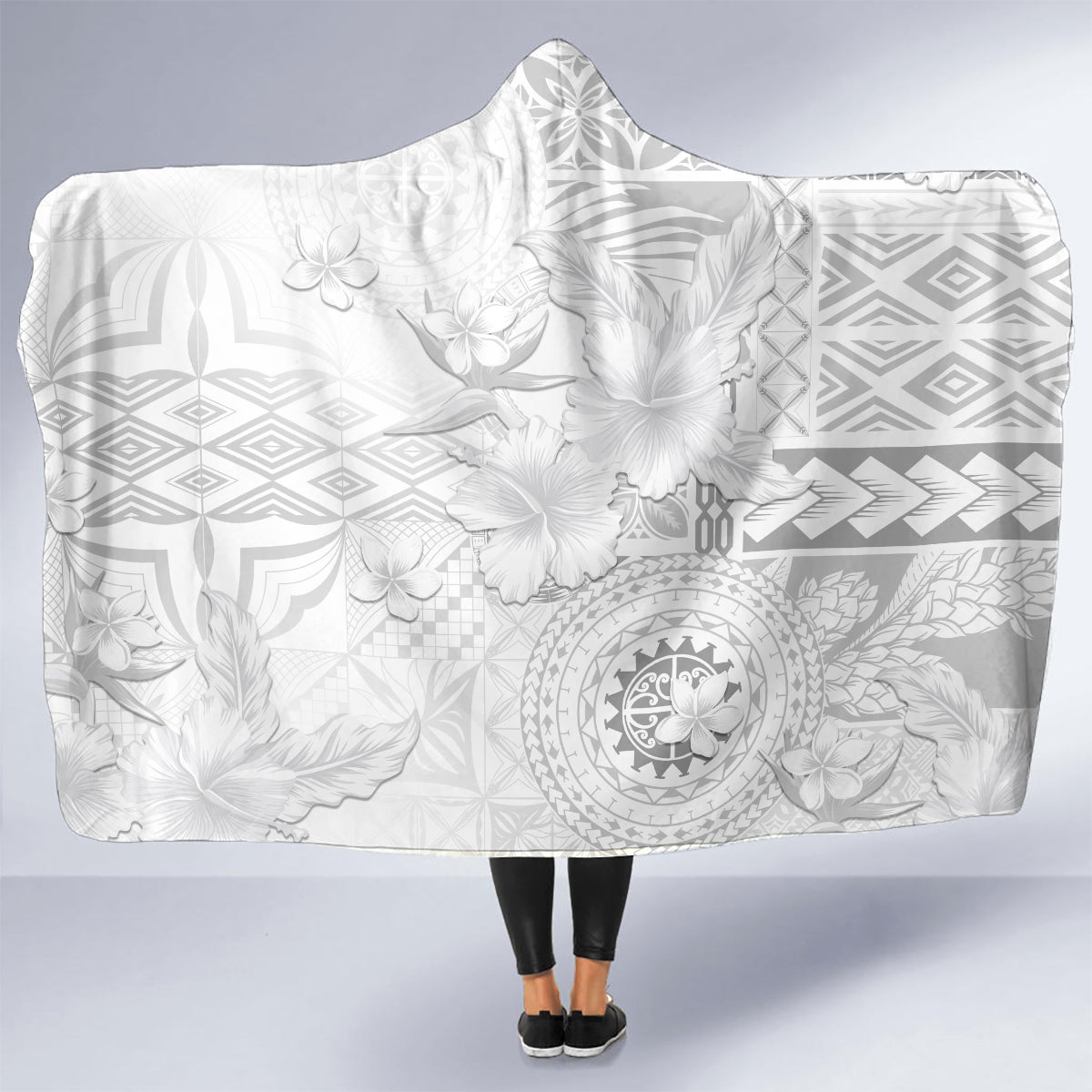 Samoa Siapo Pattern With White Hibiscus Hooded Blanket