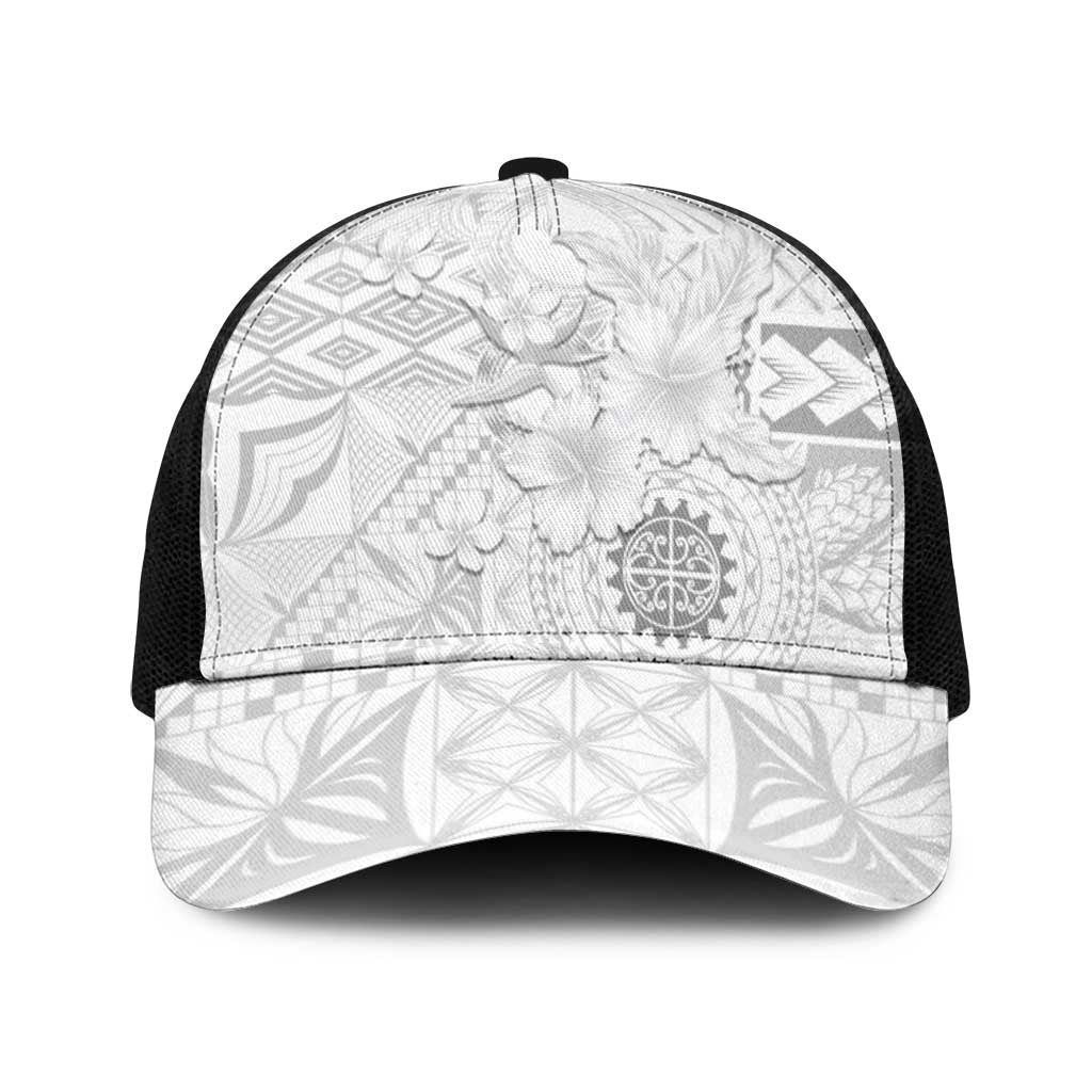 Samoa Siapo Pattern With White Hibiscus Mesh Trucker Cap - Polynesian Pride