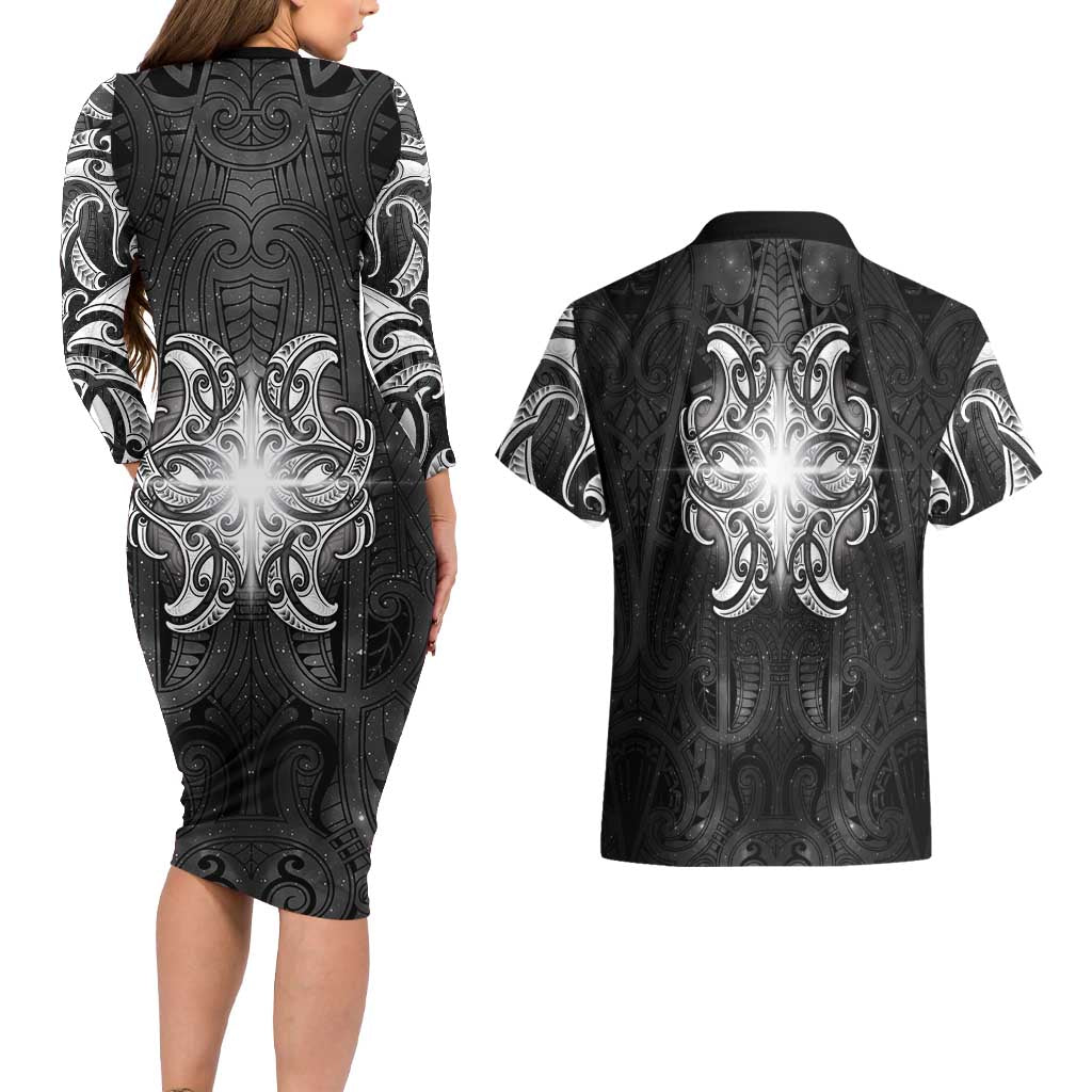 New Zealand Matariki Couples Matching Long Sleeve Bodycon Dress and Hawaiian Shirt Maori Moko Black Galaxy