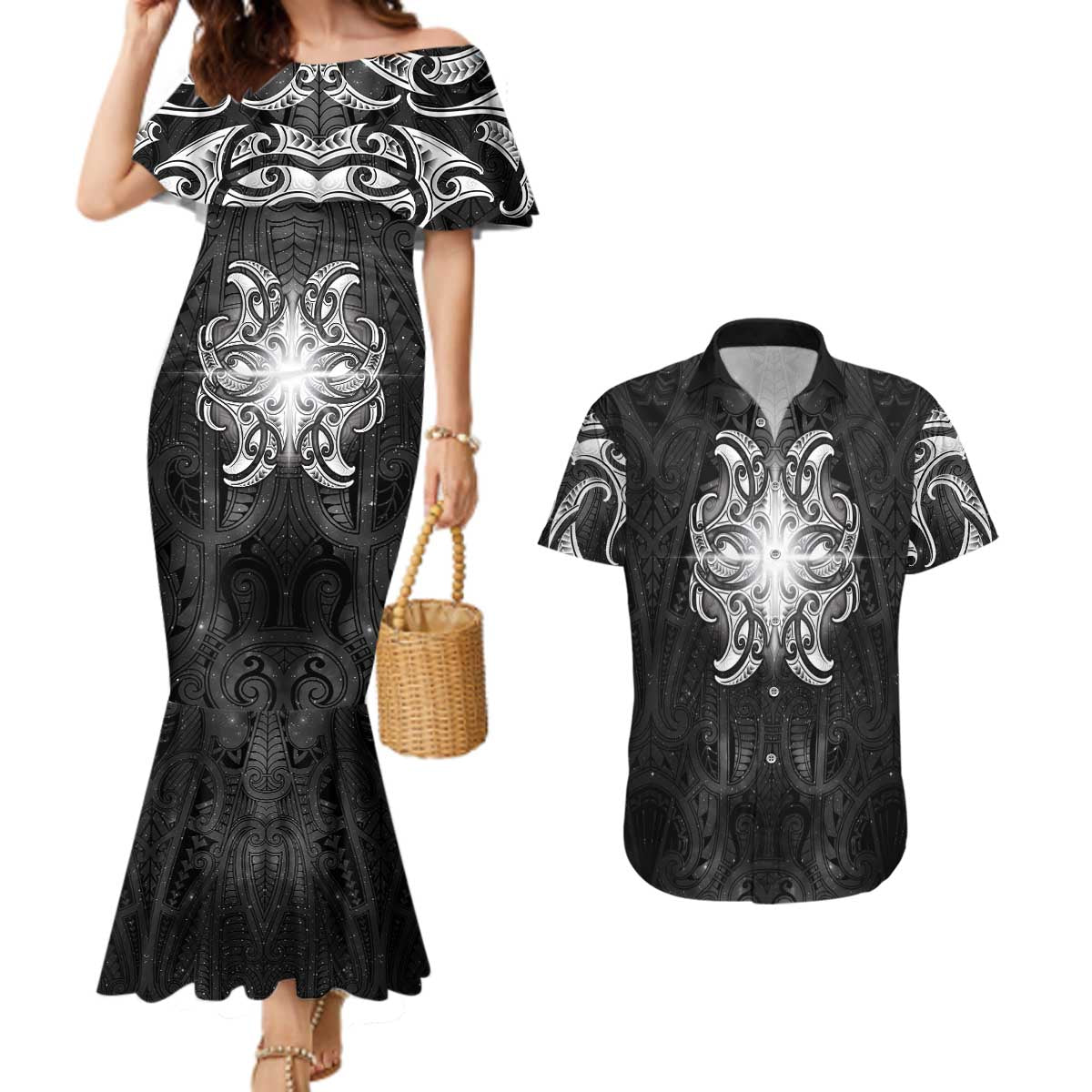 New Zealand Matariki Couples Matching Mermaid Dress and Hawaiian Shirt Maori Moko Black Galaxy