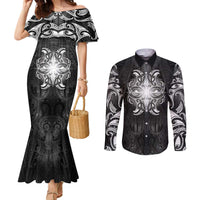 New Zealand Matariki Couples Matching Mermaid Dress and Long Sleeve Button Shirt Maori Moko Black Galaxy