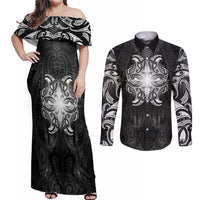 New Zealand Matariki Couples Matching Off Shoulder Maxi Dress and Long Sleeve Button Shirt Maori Moko Black Galaxy